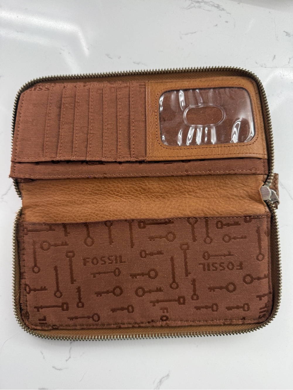 Vintage Fossil Leather Zip Around Wallet Brown Tan Key Print Lining - Picture 14 of 16